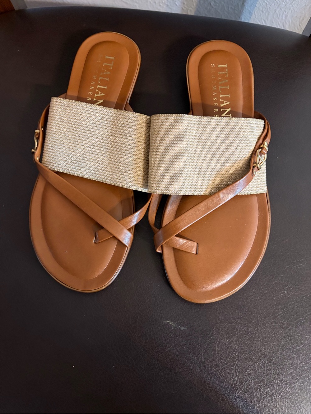 Italian Shoemakers Brown and Cream Wide Elastic Slide Sandals
